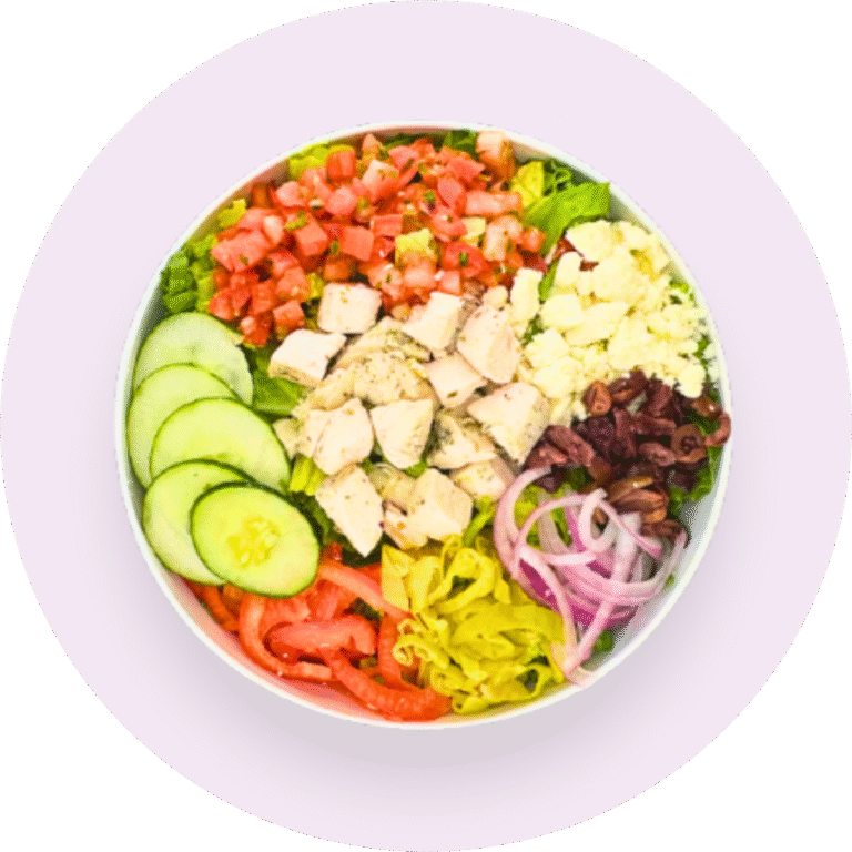 Greek Salad with Chicken – A colorful bowl filled with romaine lettuce, sliced cucumber, red bell pepper, pico de gallo, kalamata olives, pepperoncini, red onion, crumbled feta cheese, and chicken breast, served with balsamic vinaigrette dressing.