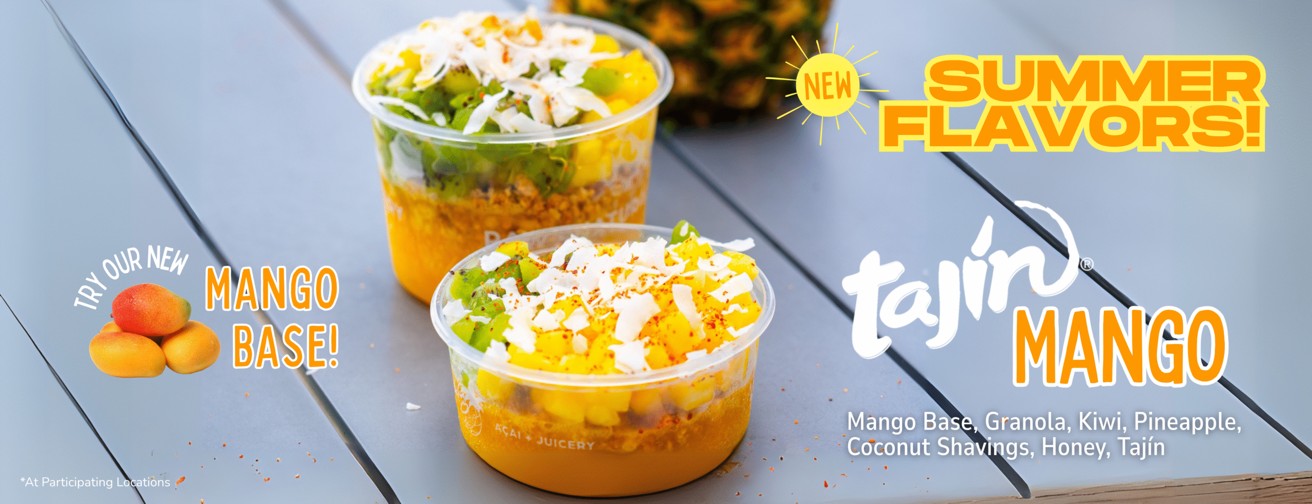 Tajín Mango Bowl with mango base, fresh fruit, granola, and Tajín – a bold new summer flavor at 3Natives Acai Cafe.