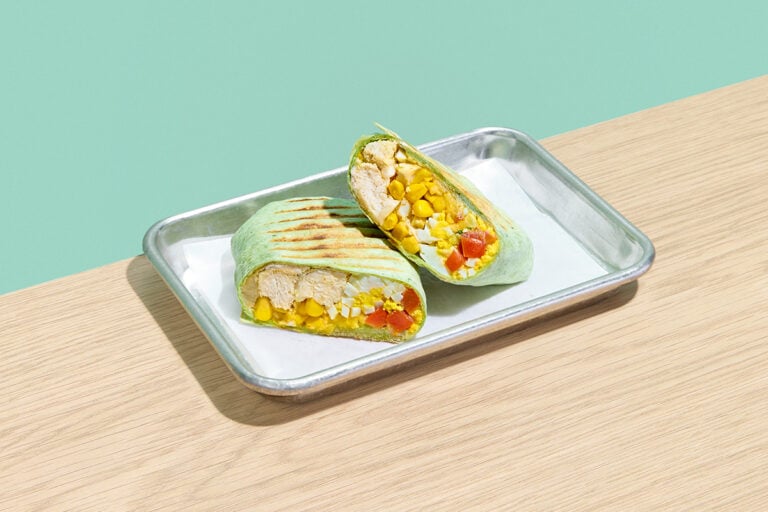 Breakfast Burrito — Chicken Sausage, Hard-Boiled Egg, Pico de Gallo, Corn Salsa, Aged Cheddar Cheese, Cayenne Pepper, Ranch Dressing