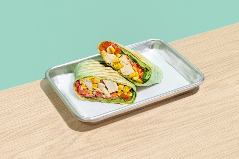 Southwest — Chicken Breast, Spinach, Red Pepper, Pico de Gallo, Corn Salsa, Aged Cheddar Cheese, Ranch Dressing