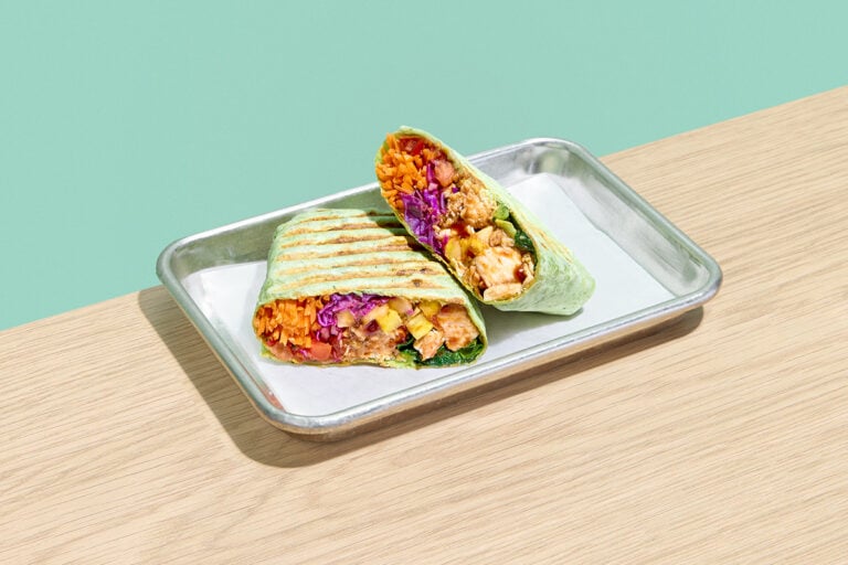 Spicy Jerk — Chicken Breast, Spinach, Pineapple, Carrot, Purple Cabbage, Pico de Gallo, Aged Cheddar Cheese, BBQ Jerk Dressing
