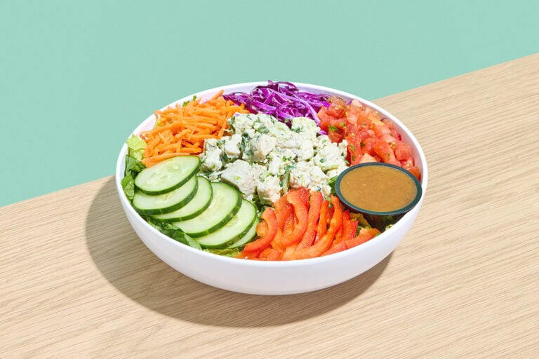 Chicken Salad — Chicken Salad, Romaine, Purple Cabbage, Carrot, Red Pepper, Cucumber, Pico de Gallo, Balsamic Dressing