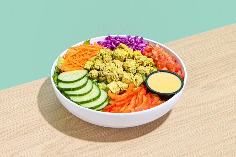 Curry Chicken Salad — Chicken Breast, Romaine, Purple Cabbage, Carrot, Red Pepper, Cucumber, Pico de Gallo, Mandarin Orange Dressing