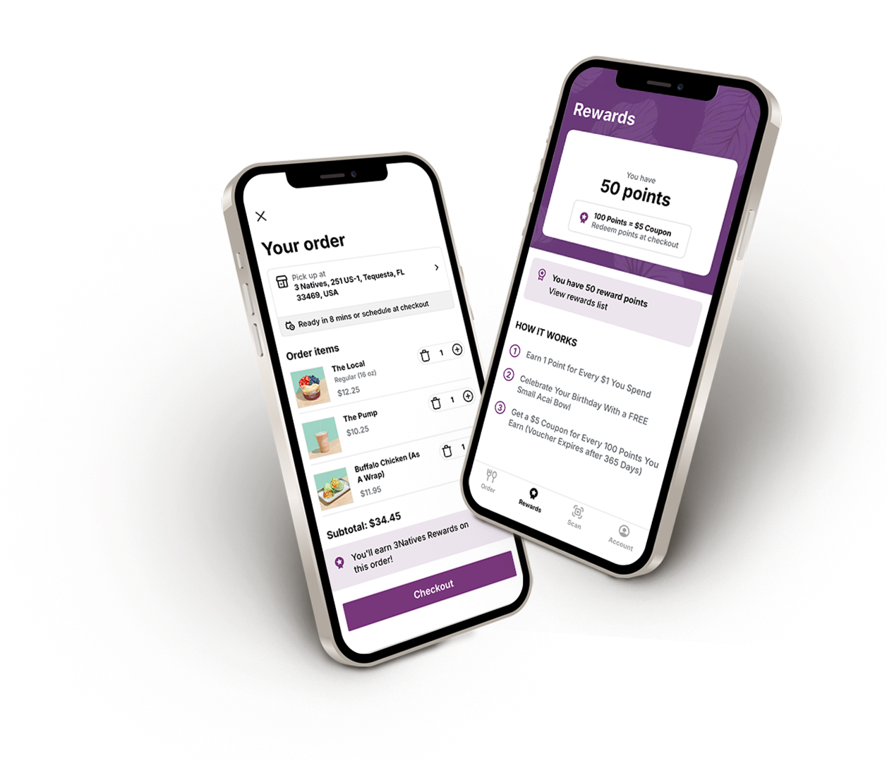 3Natives app showing an order and 50 rewards points