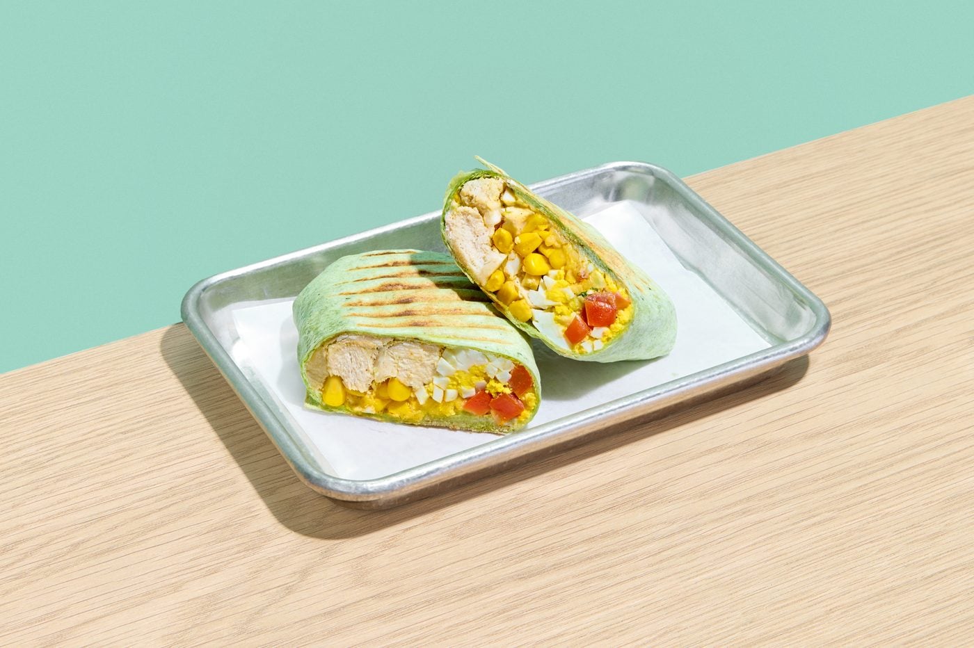 Breakfast Burrito, a grilled wrap cut in half